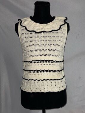Elie Tahari Cream Knit Ruffle Tank with Black Trim